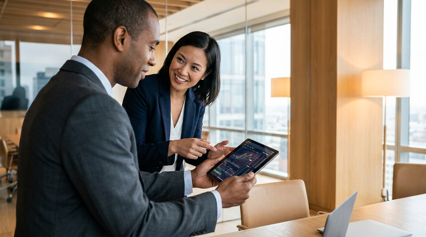 Two business professionals discussing financial information during an advisory conversation.