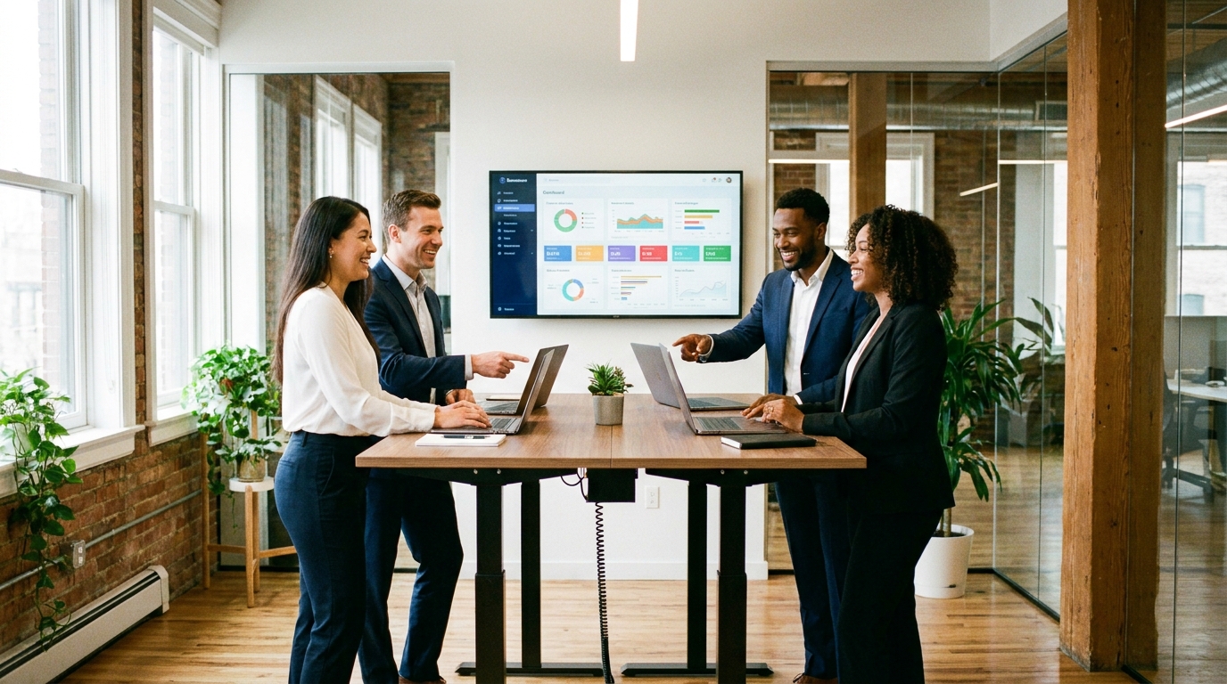 A modern professional firm team discussing information around a conference table.